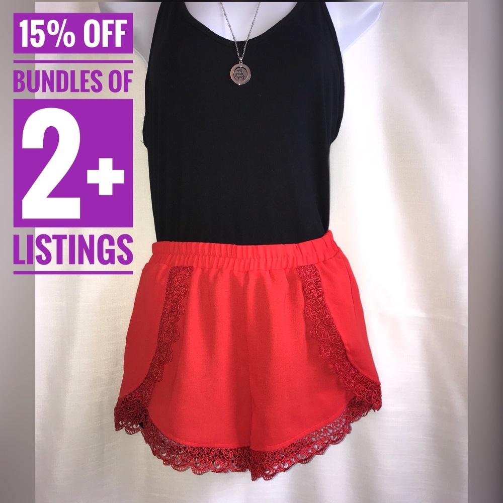 Red flowy short with crochet bottom. - Picture 2 of 6